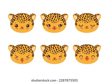 Cute cheetah emoji icon set. Messenger emoticon. Safari animal icons. Kawaii leopard emoji smile happy facial expressions. Cartoon animals vector signs. Kawaii anime comic style jaguar isolated.