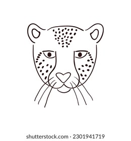 Cute cara de chita, retrato dibujado a mano ilustración de caricatura, sketch. Arte de línea, diseño de estilo de dibujo, vector aislado. Animales tropicales, vida silvestre de la jungla, gato grande, safari, naturaleza, elemento impreso