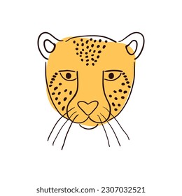 Cute cara de chita, retrato dibujado a mano ilustración de caricatura, sketch. Arte de línea, diseño de estilo de dibujo, vector aislado. Animales tropicales, vida silvestre de la jungla, gato grande, safari, naturaleza, elemento impreso