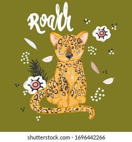 Cute cheetah flat hand drawn illustration. African animal cartoon character with lettering. Jungle, rainforest, savanna fauna clipart. Zoo, safari mammal. Travel postcard, kids book design element.