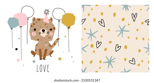 Cute cheetah happy birthday greeting flying balloon printable poster wild animal seamless pattern.