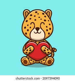 Cute cheetah hugging love heart cartoon icon illustration. Animal nature icon concept isolated premium vector. Flat cartoon style