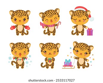 Cute cheetah leopard cartoon character winter animal. Christmas theme kawaii baby jaguar cub vector illustration. Adorable safari character kids mascot. Holiday children fun doodle flat design.