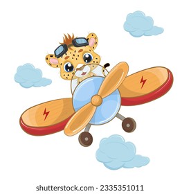 Cute cheetah pilot on a plane in the sky. Children's illustration with a baby cheetah. Perfect illustration for t-shirt wear, nursery print designs, greeting card, baby shower, party invitation 