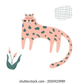 Cute cheetah print. Pink cheetah isolated animal. Wild cat illustration. Leopard doodle elememnt. Graphic safari big jungle cat, tropical flower. Kids naive art. Vector funny wildlife jaguar.
