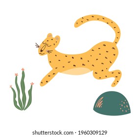 Cute cheetah print. Running cheetah isolated animal. Wild cat illustration. Leopard doodle elememnt. Graphic safari big jungle cat, tropical flower. Kids naive art. Vector funny wildlife jaguar.