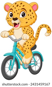 Cute Cheetah Riding Bicycle Cartoon Vector Icon Illustration. Animal Sport Icon Concept Isolated Premium Vector