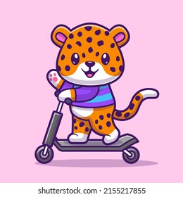 Cute Cheetah Riding Scooter Cartoon Vector Icon Illustration. Animal Transportation Icon Concept Isolated Premium Vector. Flat Cartoon Style