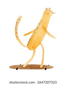 Cute Cheetah Riding A Skateboard. Childish Drawing-like Vector Illustration Of Happy Leopard Skateboarding. Yellow Wild Cat On A White Background. Kids Room Decoration. RGB.
