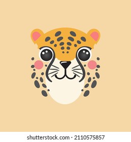 Cute Cheetah square shape leopard happy jaguar cartoon animal, isolated portrait vector icon illustrations on a beige tan background. Flat simple Childish hand drawn for kids poster, cards, t-shirts