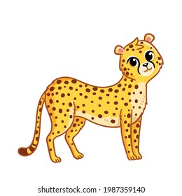 Cute cheetah stands on a white background. Vector illustration in cartoon style with an African animal.