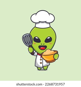 Cute chef alien with with cake batter cartoon vector illustration.  
Vector cartoon Illustration suitable for poster, brochure, web, mascot, sticker, logo and icon. svg