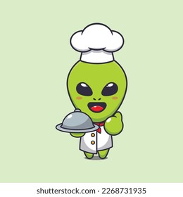 Cute chef alien with dish cartoon vector illustration. 
Vector cartoon Illustration suitable for poster, brochure, web, mascot, sticker, logo and icon.
