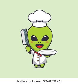 Cute chef alien with knife and plate cartoon vector illustration.  
Vector cartoon Illustration suitable for poster, brochure, web, mascot, sticker, logo and icon.