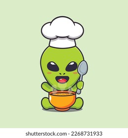 Cute chef alien with soup cartoon vector illustration. 
Vector cartoon Illustration suitable for poster, brochure, web, mascot, sticker, logo and icon.