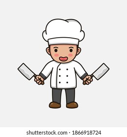 Cute chef with apron carrying butcher knives