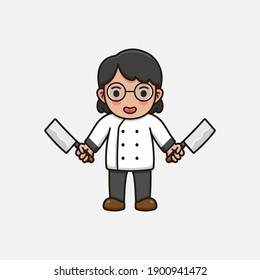 Cute chef with apron carrying butcher knives