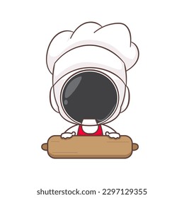 Cute chef astronaut cartoon character. Space concept design. Hand drawn flat adorable chibi vector illustration. Isolated white background