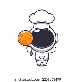Cute chef astronaut mascot cartoon character with candy moon. 