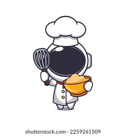 Cute chef astronaut mascot cartoon character with cake dough. 