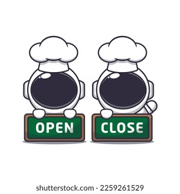 Cute chef astronaut mascot cartoon character with open and close board. 