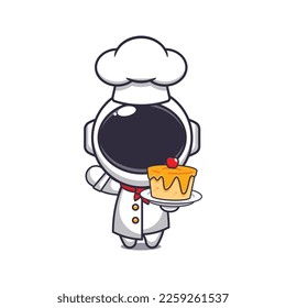Cute chef astronaut mascot cartoon character with cake. 