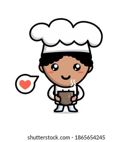 Cute chef black boy bring food cartoon art illustration