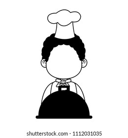 Cute chef boy cartoon in black and white