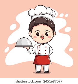 cute chef boy character with bringing food