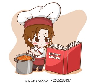 Cute Chef Boy Cooking With Secret Recipe Book Cartoon Illustration