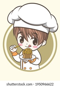 cute chef boy holding a fried potato. fast food logo illustration concept.