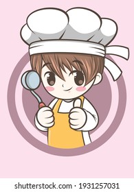 cute chef boy holding a ladle soup - chef cartoon