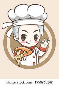 un lindo chef que sostiene una porción de pizza. concepto de logotipo de comida rápida.