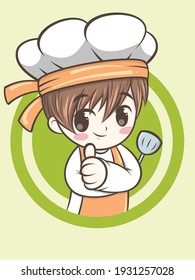 cute chef boy holding a spatula - chef cartoon
