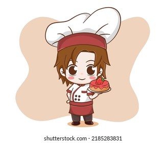 Cute chef boy holding strawberry cake cartoon illustration