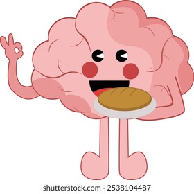 Cute chef brain cartoom inn uniform character holding a cake food restaurant logo cartoon art illustration perfect to sticker, mascot, coof, sticker, brain character, brain cartoon, 