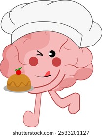Carácter lindo del cerebro del chef en uniforme que sostiene una ilustración del arte de la historieta del logotipo del restaurante de la comida de la torta. Dibujos animados del cerebro lindo que sostienen un pastel, perfecto para pegatina, logotipo, mascota