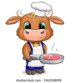 A cute chef bull in a chef hat and apron holds a frying pan with a steak. Vector illustration of an animal isolated on white.