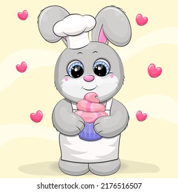 Cute chef bunny in a chef's hat with a cupcake. Vector illustration of an animal on a yellow background with hearts.