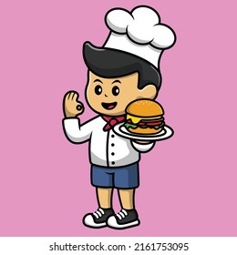 Cute Chef With Burger Cartoon Vector Icon Illustration. People Food Icon Concept Isolated Premium Vector.
