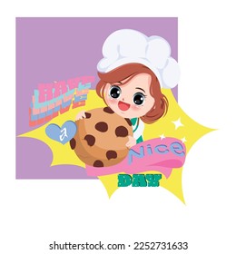 Cute chef with cake and colorful background style y2k. Clipart cartoon vector character.