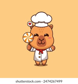 Cute chef capybara holding candy cartoon vector illustration. 
Vector cartoon Illustration suitable for poster, brochure, web, mascot, sticker, logo and icon.