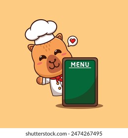 Cute chef capybara with menu board cartoon vector illustration. 
Vector cartoon Illustration suitable for poster, brochure, web, mascot, sticker, logo and icon.