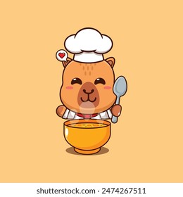 Cute chef capybara with soup cartoon vector illustration. 
Vector cartoon Illustration suitable for poster, brochure, web, mascot, sticker, logo and icon.