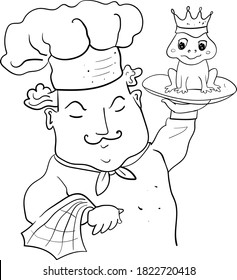 Cute Chef carries a tray with a frog in a crown sitting on it. Comic cartoon illustration, Coloring Page or Book with Doodle for Kids and Adults