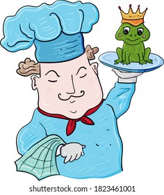 Cute Chef carries a tray with a frog in a crown sitting on it. Comic cartoon illustration
