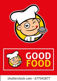 Cute chef cartoon character carry dishes illustration, big signboard. Vector chef mascot illustration