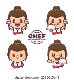 Lindo personaje de dibujos animados de chef con diferentes poses y expresiones. Ilustraciones vectoriales en estilo de esquema