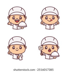cute chef cartoon character with different poses and expressions. Vector illustrations in outline style