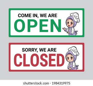 Cute chef cartoon character on open and closed signboard